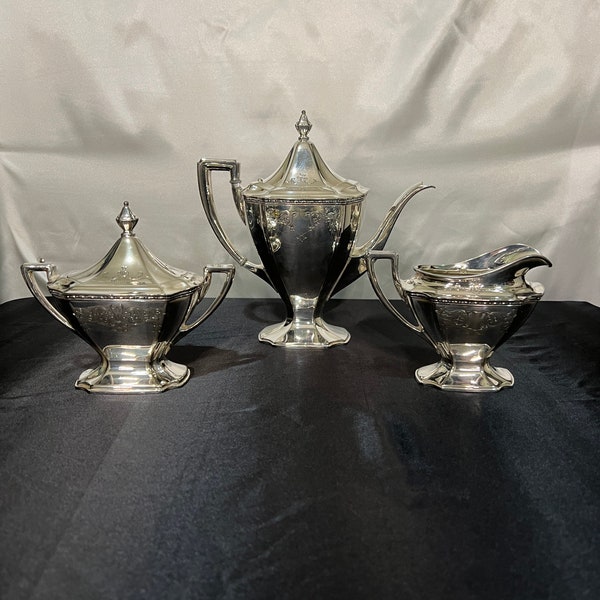 3pc Nickel Silver Tea Set by W.D. Smith Silver Co. Inc., pattern is called Chippendale.