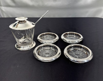4pc Silver Plated Crystal Coaster with Silver Plated Sugar Bowl and Spoon