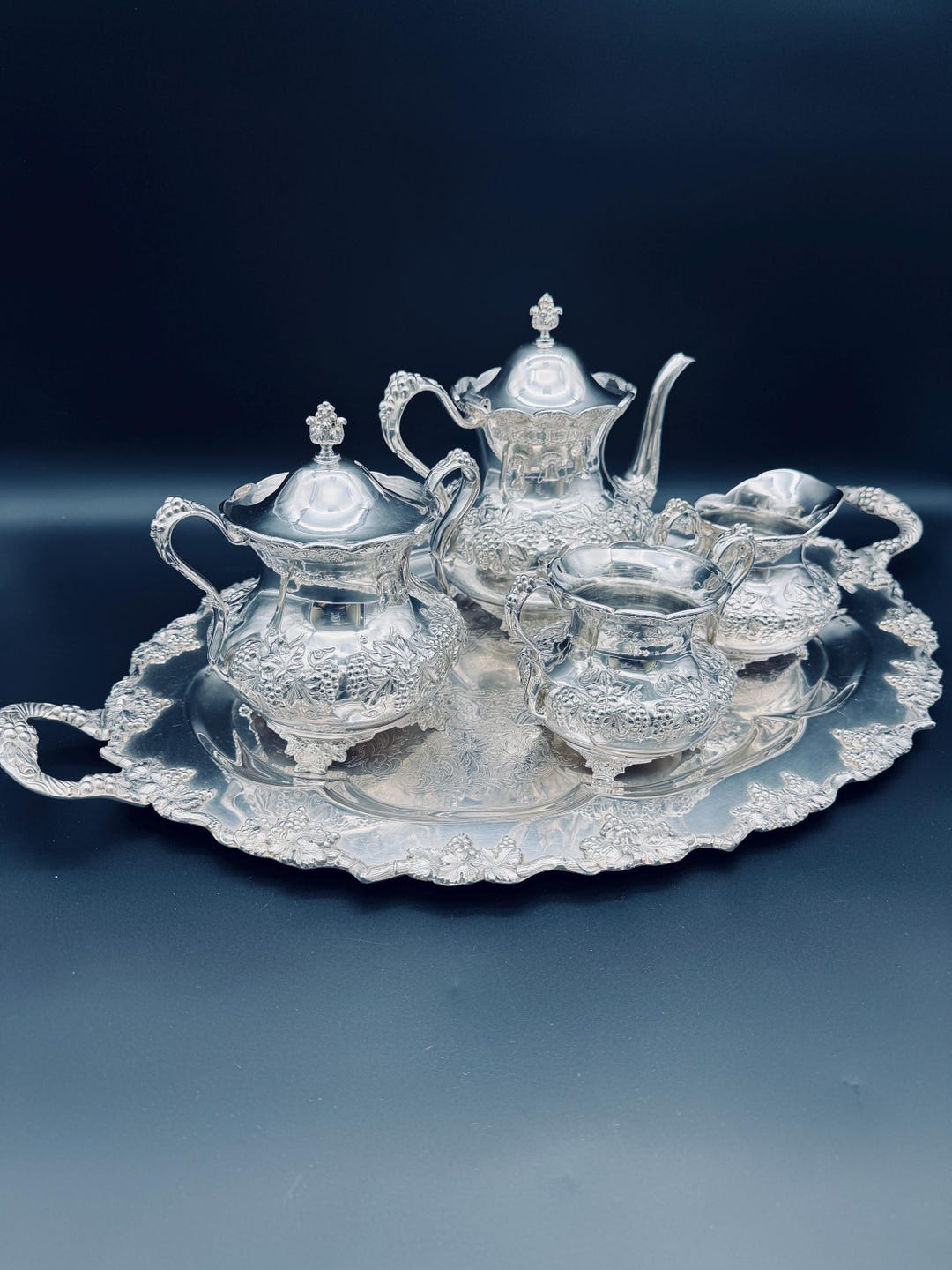 Vintage Forbes Silver 4pc Tea Set With Crescent Silver Grape Vine Tray ...
