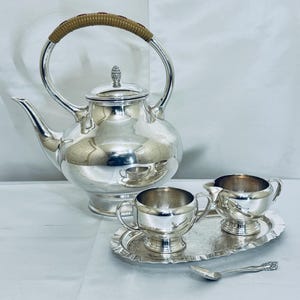 5pc Mix Match Silver Plate Tea Set, Reed and Barton Teapot, small tray by Art Silver Co., Cream and Sugar and Spoon by Rogers