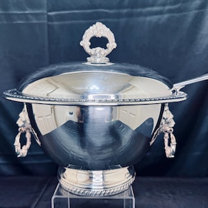 Vintage Silverplate Soup Tureen or Punch Bowl by Sheffield Silver Co., Ladle by Gorham and Glass Insert by Peyrex 2.5QT.