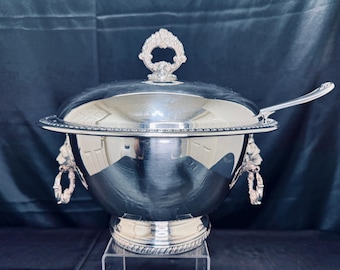 Vintage Sheffield Silverplate Soup Tureen: Lion Head Handles, Gorham Ladle, Pyrex Insert