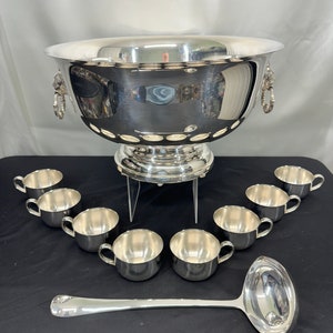 10pc Silver Plated Punch Bowl with Lion Head Handles by Oneida.