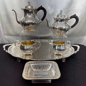 4pc Silver Plated Coffee and Tea Set, by Rogers Bros. It&#39;s the Prince Charles pattern. Bon Bon Dish (Sweat Meats Dish) by Barker Ellis