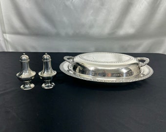 Silver Plated Lidded Side Dish, Covered Vegetable Dish by English Silver Corporation, MRRS. Salt and Pepper Silver Plated Shakers unmarked.