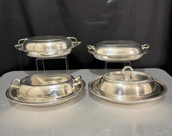 4 Side Dishes with Lids, Pairpoint Sheffield 04231, Reed & Barton Mayflower 5001, Wilcox International Silver Co. 7112, F.B.Rogers Silver Co