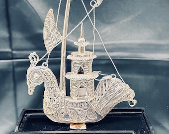 Tarakasi, Silver Filigree Art of a Peacock Boat,  900 or 925 Sterling