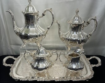 Vintage Poole Silverplate Coffee and Tea Set: Lancaster Rose, Oneida Tray