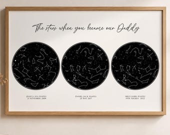 Custom Father’s Day Triple Star Map Print | The Night You Became Our Daddy | Personalized Sky Poster | New Dad Gift | Custom Constellation