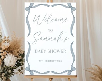 Baby Shower Bow Theme Sign | Paper Poster, Blue Sign, Welcome Sign, Personalised Sign, Event Decor, Cloud Theme, Baby Boy Minimalist