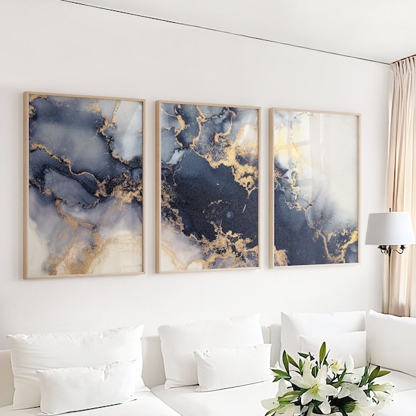 Navy Yellow Wall Art Etsy UK