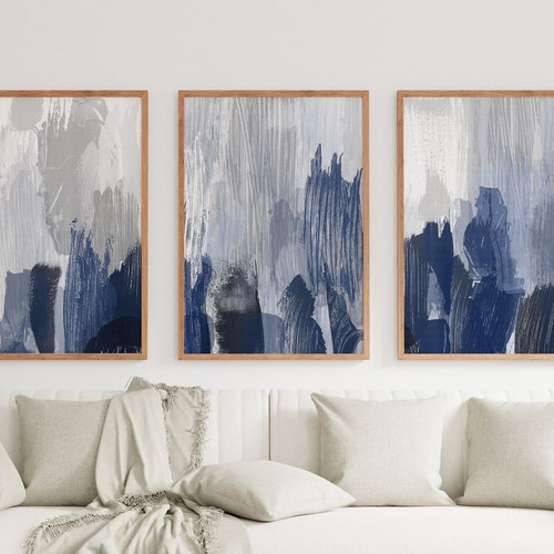 Set of 3 Abstract Ocean Navy Blue & White Art Prints of Etsy