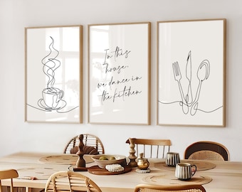 Kitchen Prints, Kitchen Posters, We Dance In the Kitchen Prints, Kitchen Wall Decor, Coffee Line Art, Set of 3, Dining Room Inspo