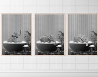 Animals in Bath Bathtub - Unframed Wall Art Print Poster, Elephants In Bath, Bathroom Print, Bathroom Decor, Insta Decor, Set of 3, B&W