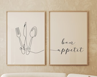 SET OF 2 Cutlery Kitchen Line Art Prints Posters Bon Appetit, Kitchen Home Decor Wall Art Dining Room Wall Decor, Minimalist Aesthetic Decor