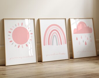 Nursery Prints, Blush Pink, Girl Nursery Decor, Nursery Wall Art,  Nursery Decor, Set of 3 prints, You Are My Sunshine Prints Set Of 3