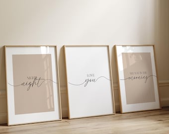 Above Bed Bedroom Prints, Bedroom Wall Art, Night Night Love You, Set of 3 Beige Wall Decor Unframed Bedroom Quotes, Modern Decor