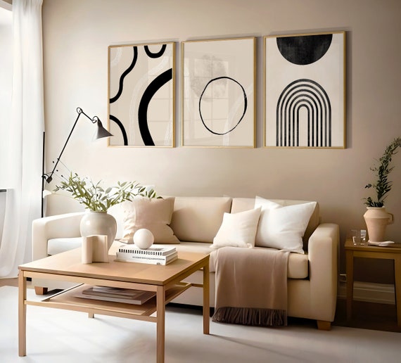 Neutral Abstract Art Prints, Modern Art, Abstract Art, Brush Strokes, Living Room Art Prints, Cream Wall Prints, Set of 3, Beige & Black