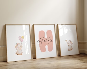 Bunny Prints, Cute Girls Room Decor, Nursery Prints, Baby Girl Poster, Set of 3, Kids Prints, Personalised Name Decor, Nursery Wall Art