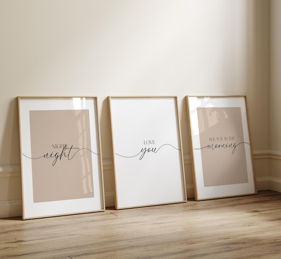 Above Bed Bedroom Prints, Bedroom Wall Art, Night Night Love You, Set of 3 Beige Wall Decor Unframed Bedroom Quotes, Modern Decor