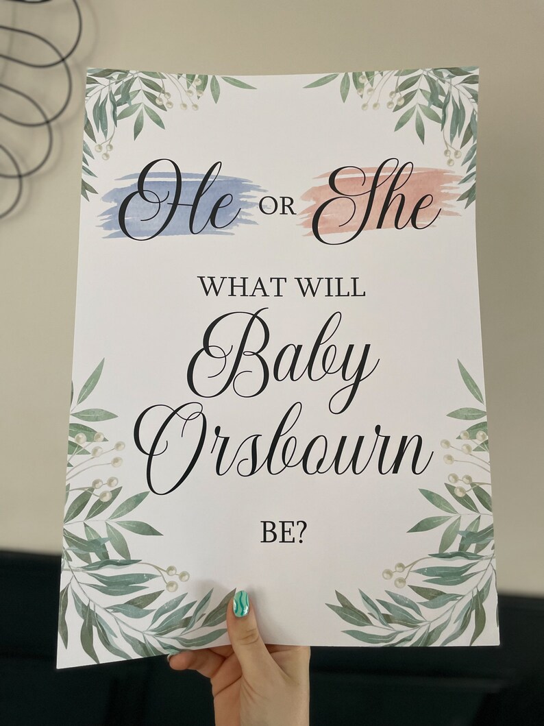May include: A gender reveal sign with a blue and pink watercolor background. The sign says "He or She? What will Baby Orsbourn be?" with a leafy green border.
