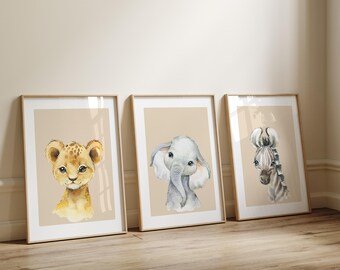 PHYSICAL Set of 3 Baby Animal Prints, Jungle Theme Nursery, Safari Animal Prints, Baby Boy Wall Art, Neutral Prints, Kids Room Warm Beige