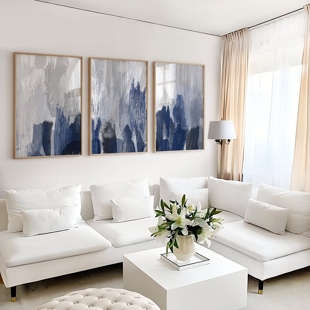 Set of 3 Navy Abstract Art Prints, Modern Art, Blue Grey Prints, Brush
