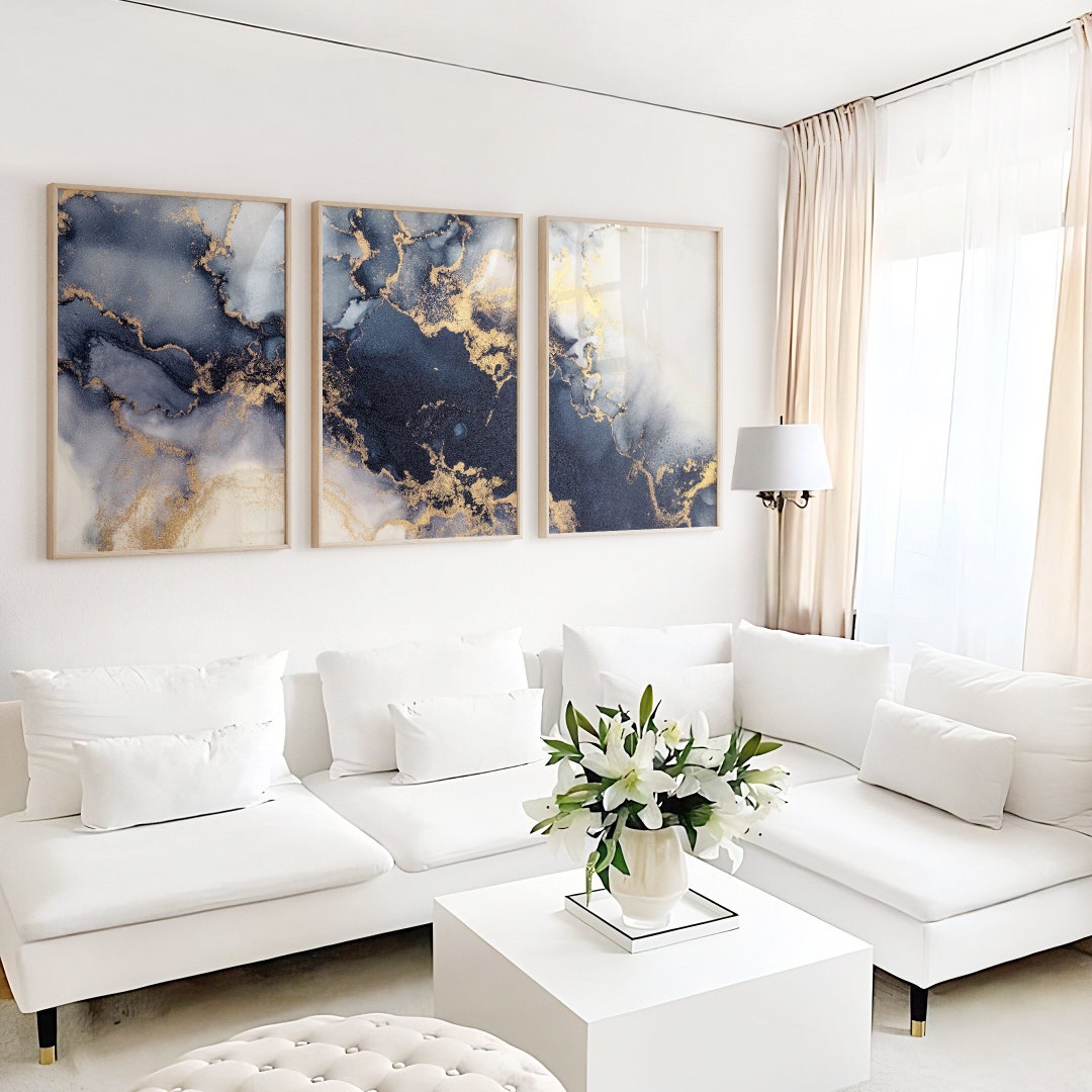 Set of 3 Navy Abstract Art Prints, Modern Art, Blue Grey Prints