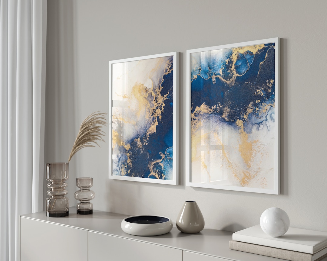 Set of 2 Navy & Gold Abstract Art Prints Modern Art Blue Etsy UK