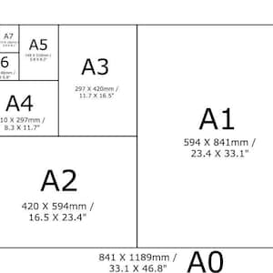 May include: A white chart displaying standard A-series paper sizes from A7 to A0. Each rectangular section is labeled with its corresponding A-size code and includes specific dimensions in both millimeters and inches for clear reference.