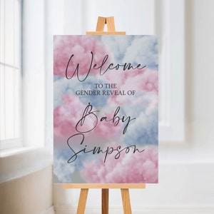 Welcome Baby Gender Reveal Sign | Paper Poster, Pink Blue Sign, Welcome Sign, Personalised Sign, Gender Reveal Decor, Cloud Theme