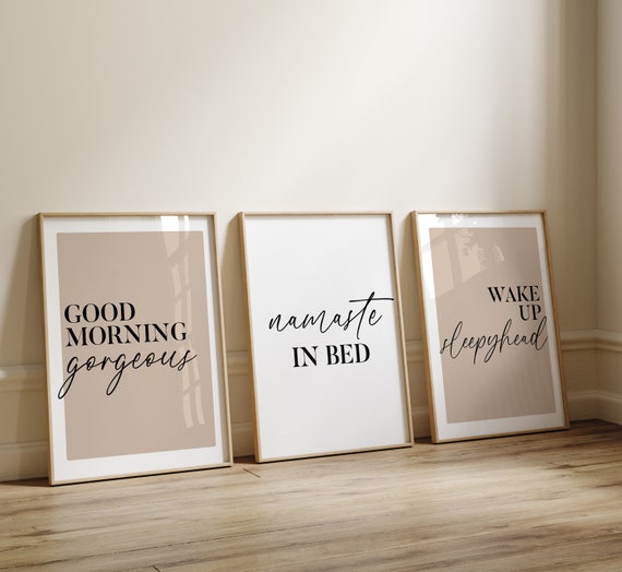Above Bed Bedroom Prints, Bedroom Wall Art, Good Morning Namaste Posters, Set of 3 Beige Wall Decor Unframed Bedroom Quotes, Modern Decor