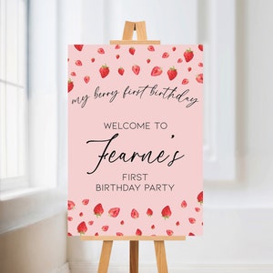 Strawberry Theme First Birthday Sign | Paper Poster, Berry First Birthday Sign, Welcome Sign, Personalised Sign, First Birthday Decor