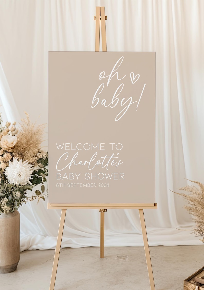 Baby Shower Oh Baby Theme Sign | Paper Poster, Beige Cloud Sign, Welcome Sign, Personalised Sign, Gender Reveal Decor, Cloud Theme, Unisex image 1