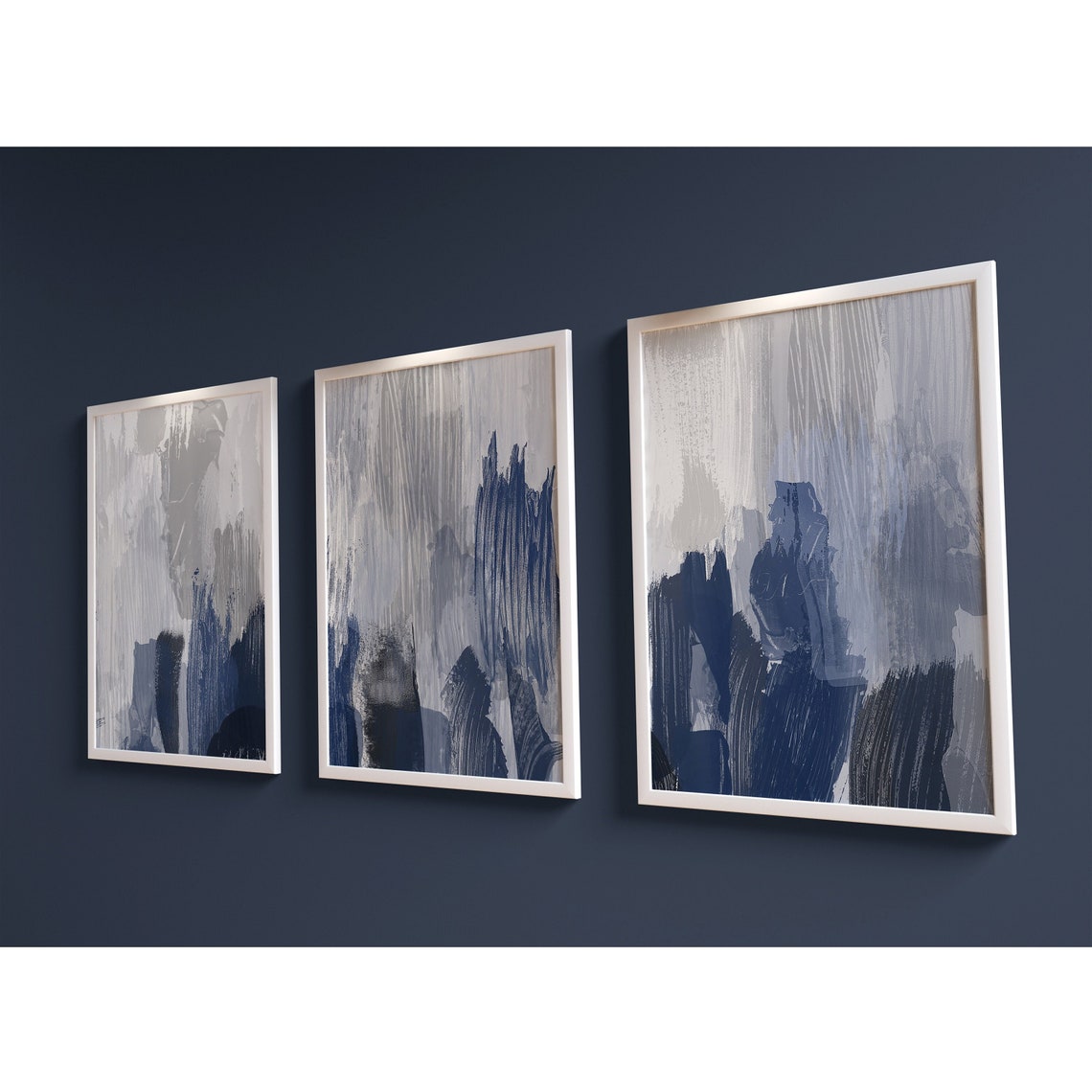Set of 3 Navy Abstract Art Prints Modern Art Blue Grey Etsy UK