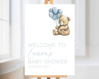 Baby Shower Bear Theme Sign | Paper Poster, Blue Cloud Sign, Welcome Sign, Personalised Sign, Gender Reveal Decor, Cloud Theme, Baby Boy