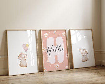 Bunny Prints, Cute Girls Room Decor, Nursery Prints, Baby Girl Poster, Set of 3, Kids Prints, Personalised Name Decor, Nursery Wall Art