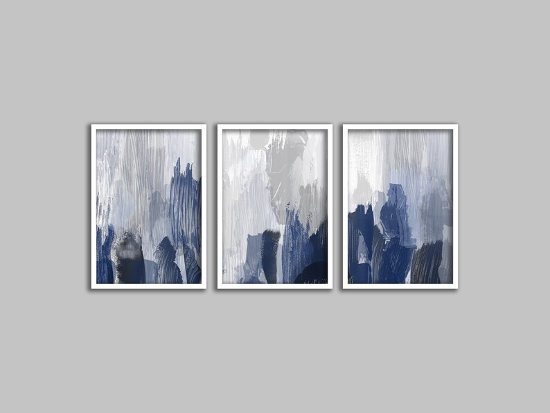 Set of 3 Navy Abstract Art Prints Modern Art Blue Grey Etsy UK