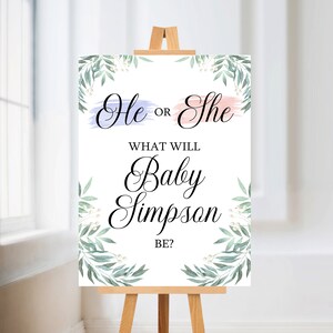May include: A gender reveal sign with a white background and green leafy branches on the sides. The sign says "He or She" with a blue and pink watercolor stroke behind the words. The sign also says "What will Baby Simpson be?"