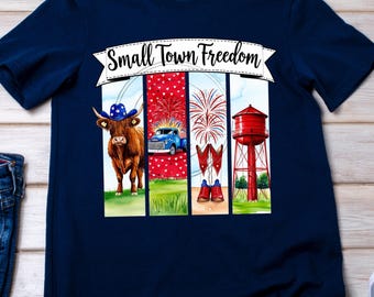 Watercolor Small Town Freedom PNG, Western Independence Day, 4th of July, Cow, PNG only digital design, sublimation file t-shirt