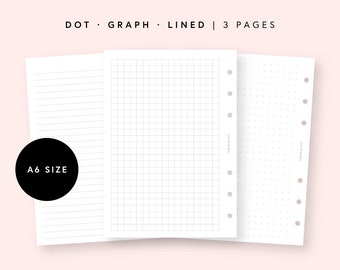 A6 Rings Dot Grid Lined Paper Inserts, Blank Notes Printable, Writing Paper Template, Dotted Graph Ruled Daily Journal College Study Sheets