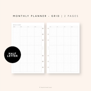 Half Letter Month on Two Pages Grid, Minimal Monthly Planner Printable Inserts, Month at a Glance, Undated Monthly Overview 2 Pages MO2P