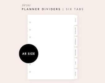 May include: A5 size planner dividers with six tabs labeled "To Do", "Business", "Finances", "Trackers", "Misc", and "Notes".