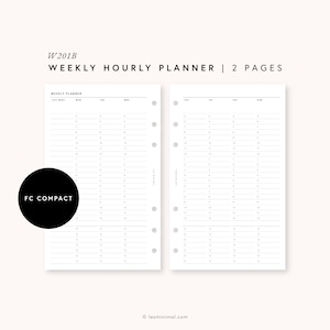 Pode incluir: Uma imagem em preto e branco de um planejador horário semanal com o texto "W201B WEEKLY HOURLY PLANNER | 2 PAGES" no topo. O planejador é dividido em duas páginas, cada uma com uma coluna para cada dia da semana. O planejador é projetado para uso com uma pasta Filofax Compact.