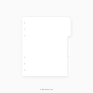 May include: White paper folder with three tabs on the right side and six holes on the left side.