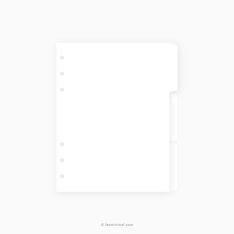 May include: White paper folder with three tabs on the right side and six holes on the left side.