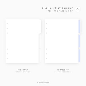 May include: Two printable planner pages, one in PNG format and one in editable PDF format. The pages are designed for a disc bound planner and feature a tabbed divider. The text "FILL IN, PRINT AND CUT" is at the top of the image.