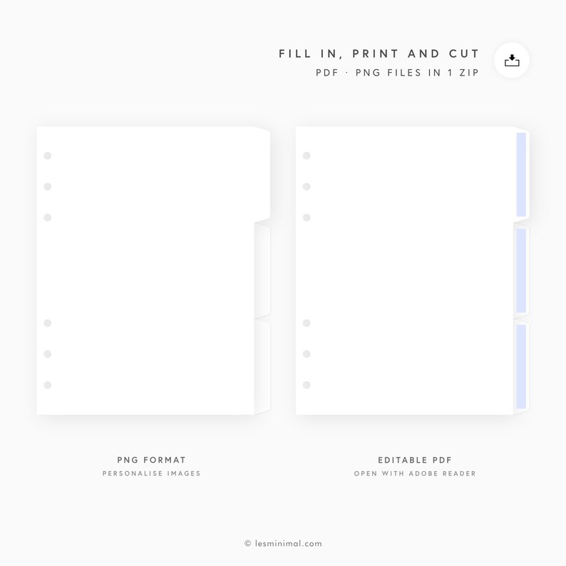 May include: Two printable planner pages, one in PNG format and one in editable PDF format. The pages are designed for a disc bound planner and feature a tabbed divider. The text "FILL IN, PRINT AND CUT" is at the top of the image.