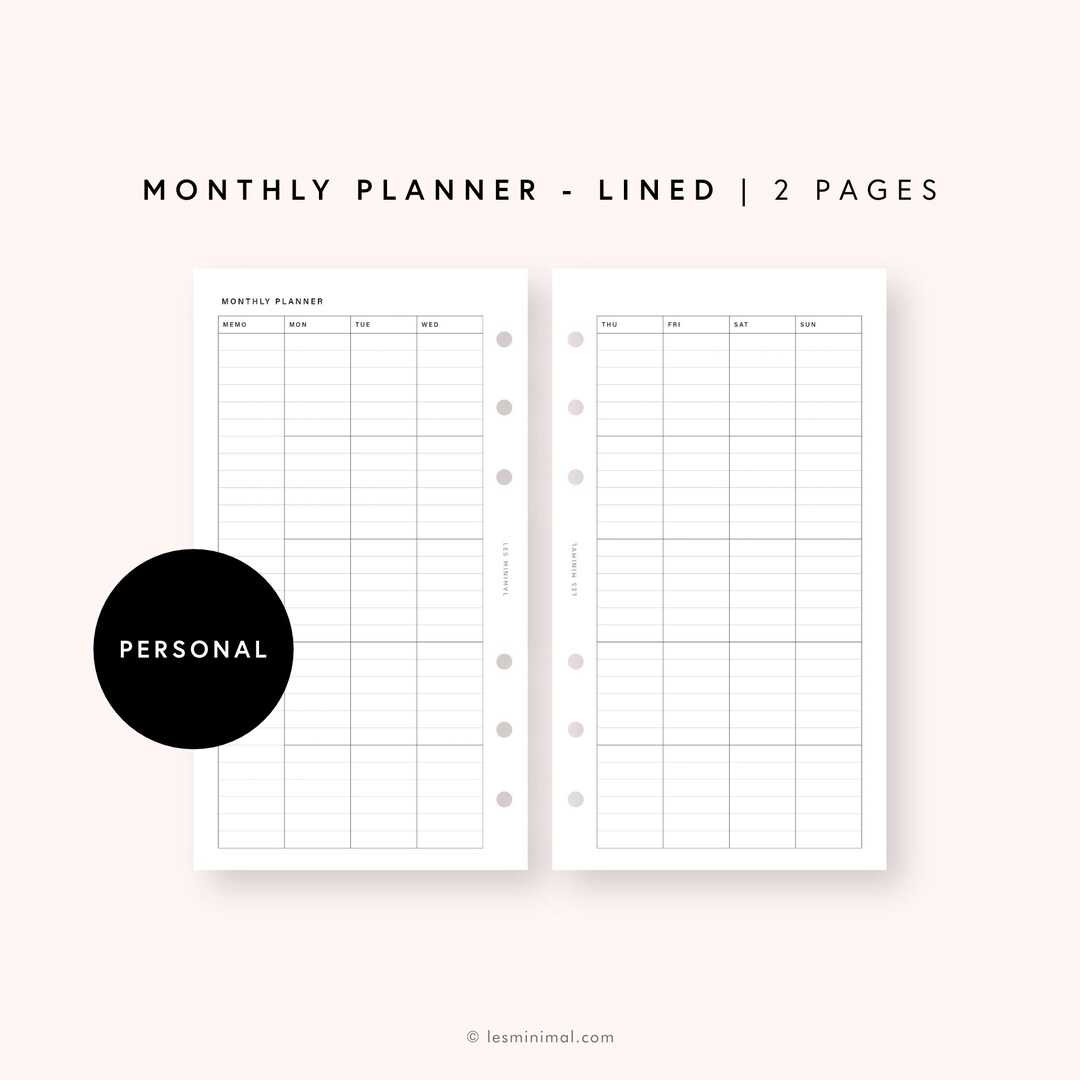 Personal Size Monthly Planner Spread Printable Inserts, Month on Two ...