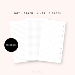 May include: Three white planner inserts labeled PERSONAL, featuring dot grid, graph, and lined paper layouts. The pages include six punched holes along the side for binding. The text DOT · GRAPH · LINED | 3 PAGES is displayed above the paper sheets.